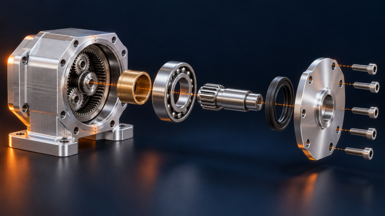AI exploded-view concept of a precision mechanical assembly