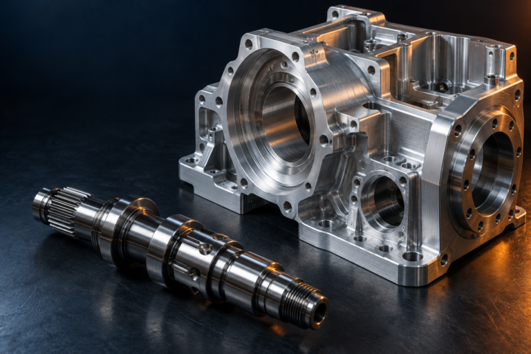 AI concept illustration of a precision CNC machined housing and drive shaft